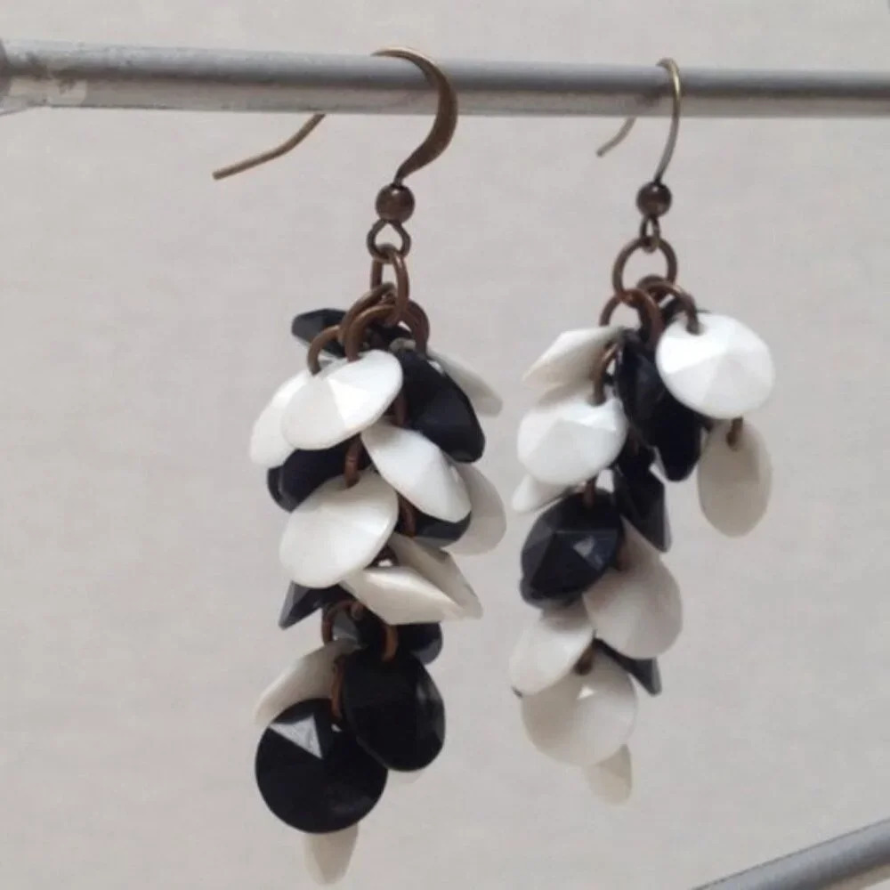 Handcrafted Handmade Black White Cascading Beads Earrings Holiday Gift Upcycled
